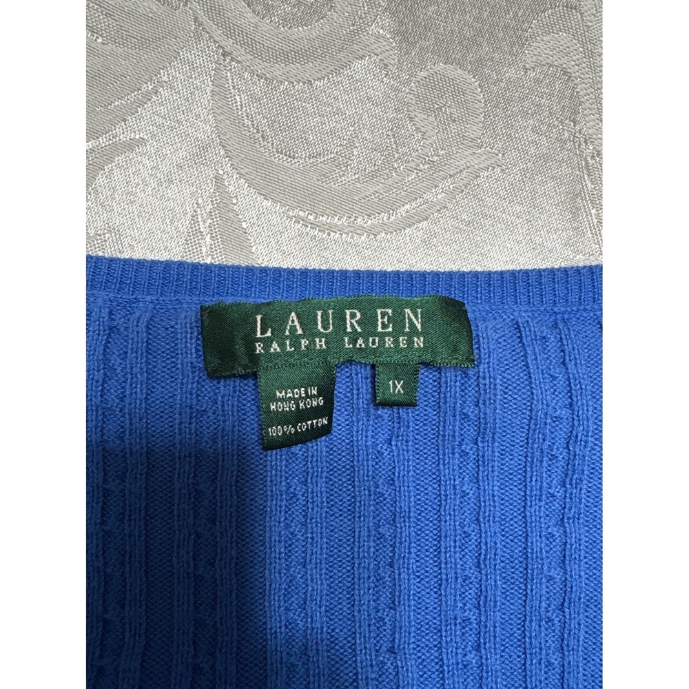 Lauren Ralph Lauren Blue Cable Knit V-Neck Cotton Sweater 1X Plus 3/4 Sleeve - Picture 4 of 5